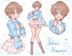1girl :d blue_jacket bob_cut boots brown_boots brown_hair character_name closed_mouth commentary cropped_torso elgorritodedawn english_commentary frilled_skirt frills full_body green_eyes harumiya_yukuri heart ikizulive!_love_live!_bluebird jacket knee_boots layered_skirt long_sleeves love_live! miniskirt multiple_views notice_lines open_clothes open_jacket open_mouth pink_skirt ribbed_sweater short_hair skirt smile sparkle split_mouth standing sweater turtleneck turtleneck_sweater twitter_username white_background white_sweater