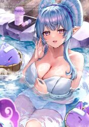 1girl absurdres bare_shoulders blue_eyes breasts cleavage commentary_request dango dango_milk_(genshin_impact) dated elf food genshin_impact highres large_breasts long_hair looking_at_viewer naked_towel onsen partially_submerged plate pointy_ears purple_eyes thighs towel wagashi yayoi_maka yumemizuki_mizuki