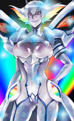 Rule 34 | 10s, 1girl, breasts, cleavage, cleavage cutout, clothing cutout, evil smile, female focus, junketsu, kill la kill, kiryuuin ragyou, large breasts, lipstick, makeup, mature female, multicolored hair, nug, rainbow hair, short hair, skindentation, smile, solo, spoilers
