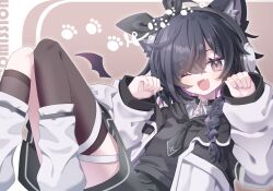 1girl ;d alternate_costume animal_ear_fluff animal_ears asymmetrical_legwear bat_ears black_choker black_hair black_hoodie black_neckerchief black_necktie black_shorts black_skirt black_socks black_thighhighs bow braid cat_ears chocolat_(vrchat) choker collar collared_shirt colored_inner_hair commission detached_wings fang hair_between_eyes hair_bow hair_ribbon hands_up headphones highres hood hood_down hoodie jacket kneehighs knees_up long_hair long_sleeves looking_at_viewer medium_hair mini_wings mismatched_legwear multicolored_hair neckerchief necktie one_eye_closed open_clothes open_hoodie open_jacket open_mouth paw_pose paw_print pink_eyes pink_hair purple_hair ribbon satoh_vrc shirt shorts single_braid single_kneehigh single_sock single_thighhigh skeb_commission skin_fang skirt smile socks solo thighhighs two-tone_hair uneven_legwear vrchat white_jacket white_shirt white_socks wings