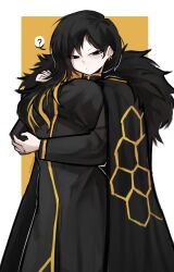 1girl ? absurdres binah_(project_moon) black_cape black_coat black_dress black_eyes black_hair blonde_hair breasts cape closed_mouth coat colored_inner_hair dress earrings fur-trimmed_coat fur_trim hexagon_print highres jewelry large_breasts library_of_ruina long_hair long_sleeves looking_at_viewer mole mole_under_eye multicolored_hair project_moon qdphattie simple_background solo standing upper_body white_background
