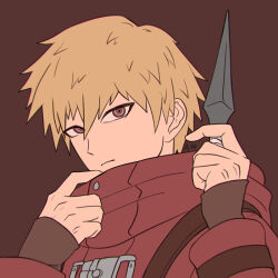 1boy blonde_hair closed_mouth danganronpa_(series) danganronpa_3_(anime) frown hands_up holding holding_kunai holding_weapon izayoi_sounosuke jacket kunai long_sleeves male_focus portrait red_background red_jacket short_hair simple_background solo suika_no9 weapon