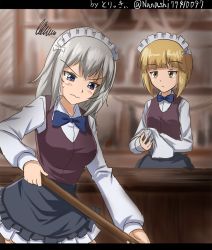 10s 1girl angry apron artist_name bartender black_apron black_bow black_bowtie blonde_hair blue_eyes blunt_bangs blurry blurry_background bow bowtie broom brown_vest cleaning_rag closed_mouth commentary cosplay cutlass_(girls_und_panzer) cutlass_(girls_und_panzer)_(cosplay) depth_of_field dress_shirt female_focus frilled_apron frills frown girls_und_panzer glass holding holding_broom itsumi_erika letterboxed long_hair long_sleeves looking_at_another maid_headdress miniskirt one-hour_drawing_challenge pleated_skirt school_uniform shirt short_hair signature silver_hair sketch skirt solo squiggle standing sweatdrop twitter_username v-shaped_eyebrows vest waist_apron wavy_mouth white_shirt white_skirt wing_collar wiping yellow_eyes zanntetu