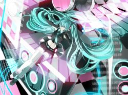 1girl anklet aqua_eyes aqua_hair bad_id bad_pixiv_id binary boots elbow_gloves female_focus fingerless_gloves gloves hatsune_miku headphones headset jewelry long_hair necktie setsu skirt solo thigh_boots thighhighs twintails very_long_hair vocaloid