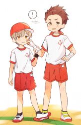 ! 2boys artist_name bandaged_arm bandages blush brown_eyes brown_hair cheek_pinching child commentary_request crew_neck dated double-parted_bangs far_tarooo gym_uniform hair_between_eyes hair_slicked_back hat highres jitome looking_to_the_side male_focus multiple_boys open_mouth orange_eyes original pinching red_hair red_shorts rotto_(far_tarooo) shared_speech_bubble shirt shirt_tucked_in shoes short_sleeves shorts sideways_glance speech_bubble spoken_exclamation_mark stepping_on_another&#039;s_foot t-shirt unworn_headwear