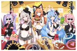 Rule 34 | 6+girls, ahoge, animal ear fluff, animal ears, bikini, black bikini, blue archive, blue hair, blue halo, blue wings, blush, breasts, burger, capelet, chainsaw, character request, cleavage, commentary request, cross hair ornament, double-parted bangs, flower, food, frilled bikini, frills, hair between eyes, hair bun, hair flower, hair intakes, hair ornament, halo, hat, highres, holding, holding chainsaw, holding plate, ideolo, low wings, mini hat, mini top hat, multiple girls, navel, pink hair, pink halo, plate, single hair bun, single hair intake, sunglasses, swimsuit, top hat, twintails, white hair, wings, yellow halo