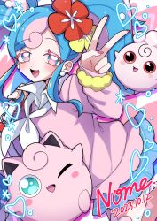 1girl :d absurdres blue_hair blue_skirt blush collared_shirt commentary_request creatures_(company) dated eyelashes fairy_miku_(project_voltage) flower game_freak gen_1_pokemon gen_2_pokemon hair_flower hair_ornament hatsune_miku heart highres igglybuff jigglypuff long_hair long_sleeves nail_polish nintendo open_mouth pink_nails pink_sweater pokemon pokemon_(creature) project_voltage red_flower scrunchie shiino_nome shirt signature skirt smile sweater tongue twintails vocaloid white_shirt wrist_scrunchie