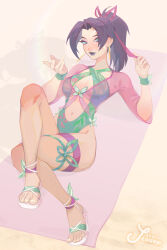 1girl breasts butterfly_cutout butterfly_ornament cleavage green_lips green_one-piece_swimsuit hair_ribbon highres jellyemily large_breasts long_hair looking_at_viewer marvel marvel_rivals official_alternate_costume one-piece_swimsuit ponytail psylocke psylocke_(breezy_butterfly) purple_hair ribbon smile solo swimsuit x-men