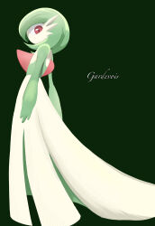 Rule 34 | 1girl, arms at sides, bob cut, character name, colored skin, female focus, flat chest, from side, full body, gardevoir, gen 3 pokemon, green background, green hair, green skin, hair over one eye, looking at viewer, makimasa, multicolored skin, nintendo, one eye covered, pokemon, pokemon (creature), red eyes, short hair, simple background, solo, standing, two-tone skin, white skin