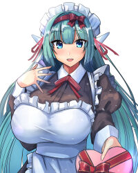 1girl absurdres alternate_costume android apron aqua_hair black_dress blue_eyes blush bow box box_of_chocolates breasts dress enmaided frilled_apron frills generic_ooban_yaki gift gift_box green_hair hair_bow hair_ribbon hairband heart-shaped_box highres holding holding_box holding_gift huge_breasts incoming_gift juliet_sleeves long_hair long_sleeves looking_at_viewer maid maid_apron maid_headdress neck_ribbon open_mouth original puffy_sleeves red_hairband red_ribbon ribbon robot_ears simple_background smile solo valentine very_long_hair white_apron white_background y-0_(generic_ooban_yaki)