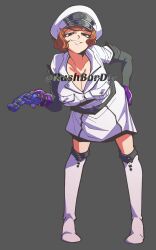 1girl boots breasts character_name commentary commission copyright_request counter-strike_(series) counter-strike_2 dress english_commentary full_body gloves green_eyes grey_background grin gun handgun hat highres holding holding_gun holding_weapon hugo_(rushbordie) large_breasts leaning_forward looking_at_viewer military_uniform orange_hair peaked_cap purple_gloves revolver short_hair simple_background smile solo thigh_boots weapon white_boots white_dress white_hat