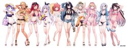 4girls absurdres ankle_strap anklet arm_strap arm_up armband arms_up bag bandaid bandaid_on_knee bandaid_on_leg bandaid_on_thigh bare_arms bare_legs bare_shoulders barefoot bikini bikini_under_clothes black_bikini black_hair black_nails black_ribbon blonde_hair blue_bow blue_jacket bow bow_choker bow_hairband bow_swimsuit breasts butterfly_necklace butterfly_ornament choker colored_inner_hair comiket_102 crossed_bangs cut_bangs double_bun ear_piercing earrings eyewear_on_head frilled_armband frilled_bikini frilled_choker frilled_straps frilled_thigh_strap frilled_wristband frills front-tie_bikini_top front-tie_top gradient_hair green_eyes grey_hair hair_between_eyes hair_bow hair_bun hair_ornament hair_ribbon hairband hairclip hat hat_bow hat_with_ears heart heart_tattoo highleg highleg_bikini highres holding holding_removed_eyewear holding_sandals holding_unworn_clothes holding_unworn_hat holding_water_gun holding_weapon ichinose_uruha ichinose_uruha_(summer_c102) jacket jewelry kaga_nazuna kaga_nazuna_(summer_c102) kaga_sumire kaga_sumire_(summer_c102) kaminari_qpi kaminari_qpi_(summer_c102) komori_met komori_met_(summer_c102) kurebayashi_noe kurumi_noah kurumi_noah_(summer_c102) large_breasts leg_tattoo long_hair long_sleeves looking_at_viewer medium_breasts multicolored_hair multiple_girls navel necklace nekota_tsuna nekota_tsuna_(summer_c102) o-ring o-ring_thigh_strap off-shoulder_bikini off_shoulder official_alternate_costume official_art open_shoes orange_eyes orange_nails pendant piercing pink_bikini pink_bow pink_hair plastic_bag purple_bow purple_eyes purple_hair rabbit_hair_ornament rabbit_tail red_eyes red_hair ribbon ribbon-trimmed_bikini ribbon_trim sandals see-through_clothes see-through_jacket see-through_shirt see-through_sleeves shinomiya_runa shinomiya_runa_(summer_c102) shirt short_hair short_shorts shorts side-tie_bikini_bottom simple_background small_breasts smile speech_bubble spiked_ear_piercing standing stomach strap straw_hat string_bikini striped_bikini striped_clothes stuffed_animal stuffed_cat stuffed_toy sun_hat sunglasses swimsuit swimsuit_cover-up swimsuit_under_clothes tachi-e tail tankini tattoo thigh_bow thigh_strap thighlet toes tosaki_mimi tosaki_mimi_(summer_c102) two-tone_hair two_side_up unworn_eyewear unworn_hat unworn_headwear virtual_youtuber vspo! waist_ribbon water_gun watermark weapon wet wet_clothes wet_shirt white_background white_ribbon wristband x_hair_ornament yellow_bikini yellow_eyes yumeno_akari yumeno_akari_(summer_c102)