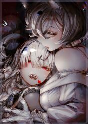 2girls absurdres animal_hands bare_shoulders black_choker black_dress black_nails black_sleeves blue_petals breasts brown_eyes chain choker collar collarbone commentary_request cross_hair_ornament dress eyelashes falling_petals fangs fingernails from_side grey_collar grey_hair hair_ornament highres hug large_breasts long_hair looking_at_viewer looking_down multiple_girls nijisanji open_mouth petals red_eyes sharp_fingernails shirayuki_tomoe short_hair slit_pupils soleil_(soleilmtfbwy03) sukoya_kana sweater teeth tongue upper_body upper_teeth_only virtual_youtuber white_sweater