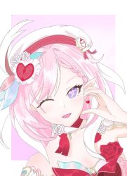 Rule 34 | 1girl, border, breasts, commentary request, diamond-shaped pupils, diamond (shape), dress, earrings, elf, elysia (honkai impact), fxf jv, half-heart hands, hat, heart, heart earrings, highres, honkai (series), honkai impact 3rd, jewelry, large breasts, long hair, looking at viewer, multicolored hair, pink hair, pointy ears, purple background, purple eyes, red dress, simple background, solo, symbol-shaped pupils, two-tone hair, white border, white hair, white hat