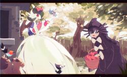 Rule 34 | apple, arc draws, basket, bird, bob cut, bow, colored skin, cosplay, dress, fletchling, food, forest, fruit, fruit basket, gardevoir, gen 3 pokemon, gen 5 pokemon, gen 6 pokemon, gen 7 pokemon, gen 8 pokemon, gothitelle, green hair, hair bow, highres, holding, holding basket, holding food, holding fruit, hood, house, lipstick, makeup, mega gardevoir, mega pokemon, nature, nintendo, pikipek, pink bow, pink eyes, pokemon, pokemon (creature), rookidee, skwovet, snow white (fairy tale), snow white (fairy tale character), snow white (fairy tale character) (cosplay), tree, white dress, white skin