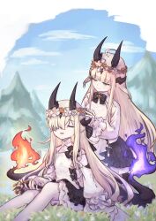 2girls absurdres aged_down ahoge arknights behind_another black_bow black_bowtie black_horns black_skirt black_tail blonde_hair blue_flower blunt_bangs bow bowtie brown_flower chinese_commentary closed_eyes closed_mouth commentary_request commission day dress fire flame-tipped_tail flower grass green_eyes hair_over_one_eye head_wreath highres holding holding_flower horns long_hair looking_at_another mihuashi_commission multiple_girls necrass_(arknights) one_eye_covered open_mouth outdoors pantyhose plant purple_fire reed_(arknights) shirt siblings sisters sitting skirt smile tail white_dress white_flower white_pantyhose white_shirt withmeblazar