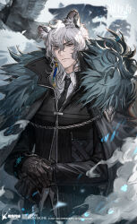 1boy animal_ears arknights bird black_jacket brown_gloves cloak fur_trim gloves grey_eyes hair_between_eyes hair_ornament hand_on_cane highres infection_monitor_(arknights) jacket leopard_ears male_focus necktie ryuuzaki_ichi silverash_(arknights) tenzin_(arknights) white_hair