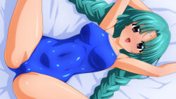 1girl absurdres blue_one-piece_swimsuit braid breasts cameltoe canal_vorfeed competition_school_swimsuit facial_mark forehead_mark green_hair highres long_hair looking_at_viewer lost_universe lying medium_breasts one-piece_swimsuit purple_eyes school_swimsuit sideways smile solo spread_legs sugimura_tomokazu swimsuit twin_braids