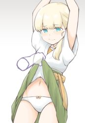 1girl akara_kai blonde_hair blue_eyes blunt_bangs blush clothes_lift disembodied_hand green_hakama green_skirt hakama hakama_skirt japanese_clothes kantai_collection lifting_another&#039;s_clothes long_hair panties shin&#039;you_(kancolle) side_ponytail simple_background skirt skirt_lift solo underwear white_background white_panties