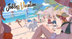 6+girls ball beach beachball bikini breasts character_request commentary cooking daimaou_cc day dog english_commentary eris_greyrat everyone ghislaine_dedoldia grill grilling highres horizon jumping large_breasts lillia_greyrat lying male_swimwear mountainous_horizon multiple_girls mushoku_tensei ocean on_back outdoors paul_greyrat rock roxy_migurdia rudeus_greyrat sand_sculpture shore sky squatting standing swimsuit volleyball