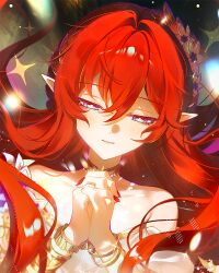 1girl bracelet closed_mouth commentary_request dress elf gold_bracelet half-closed_eyes head_wreath honkai:_star_rail honkai_(series) jewelry long_hair own_hands_together pointy_ears praying red_hair red_nails solo tomanattsu tribios_(honkai:_star_rail) upper_body very_long_hair white_dress
