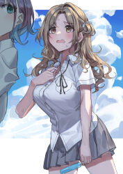 2girls absurdres aqua_hair asakura_toru blonde_hair blue_sky breasts brown_eyes brown_hair cloud colored_tips cowboy_shot food grey_skirt hair_bun hair_ribbon haruyuki_(gffewuoutgblubh) highres hot ichikawa_hinana idolmaster idolmaster_shiny_colors large_breasts long_hair miniskirt multicolored_hair multiple_girls neck_ribbon plaid_clothes plaid_skirt popsicle ribbon school_uniform shirt short_sleeves single_hair_bun single_side_bun skirt sky sweat white_shirt