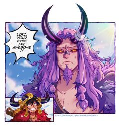 bandages black_hair braid facial_hair fake_horns frown fur_trim goatee hair_tie helmet highres horned_helmet horns loki_(one_piece) long_hair monkey_d._luffy mountain one_piece purple_hair rottenbuggy smile snow sunlight tears