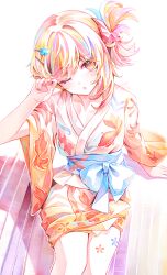 1girl absurdres alternate_costume arm_up blonde_hair breasts collarbone commentary_request cowboy_shot fish_hair_ornament flower_hairpin genshin_impact goldfish_hair_ornament hair_ornament hairpin highres japanese_clothes kimono leg_tattoo looking_at_viewer medium_breasts multicolored_kimono nail_polish obi official_alternate_costume one_eye_closed one_side_up open_mouth orange_eyes orange_kimono orange_nails sash short_kimono signature sitting solo tattoo thighs touka_(pixiv71609120) white_background yoimiya_(genshin_impact) yukata