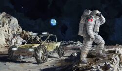 2others absurdres astronaut canadian_flag earth_(planet) highres multiple_others original planet reflection reflective_clothes rock scenery shadow sky space star_(sky) starry_sky sunlight whaleoil