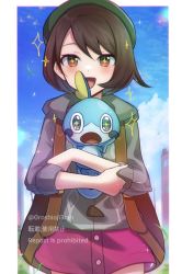 Rule 34 | + +, 0roshioji3ran, 1girl, backpack, bad id, bad pixiv id, bag, bob cut, brown bag, brown eyes, brown hair, buttons, cable knit, cardigan, cloud, commentary request, falling leaves, gen 8 pokemon, gloria (pokemon), green headwear, grey cardigan, hat, hood, hooded cardigan, leaf, looking at viewer, nintendo, pokemon, pokemon (creature), pokemon swsh, short hair, sky, sobble, sparkle, tam o&#039; shanter, twitter username, watermark