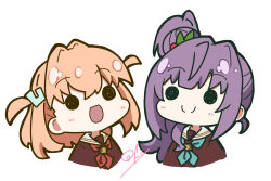 2girls :d absurdres aqua_neckerchief brown_dress c: cerise_bouquet closed_mouth commentary cropped_torso dress flower hair_bun hair_flower hair_ornament hasu_no_sora_school_uniform highres hinoshita_kaho link!_like!_love_live! long_hair love_live! multiple_girls neckerchief oofushi_ao open_mouth otomune_kozue purple_hair red_flower red_neckerchief sailor_collar sailor_dress school_uniform side_ponytail sidelocks signature simple_background single_side_bun smile solid_circle_eyes split_mouth virtual_youtuber white_background white_sailor_collar winter_uniform