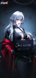 1girl absurdres against_wall black_dress black_gloves black_hair breasts chain character_name copyright_name cowboy_shot dress gloves green_eyes grey_eyes grey_lips heterochromia highres holding holding_sign indoors jacket jewelry large_breasts logo long_dress long_hair mugshot multicolored_hair necklace oak_casket_(path_to_nowhere) off_shoulder official_art official_wallpaper path_to_nowhere plunging_neckline prison_clothes red_jacket sign solo streaked_hair white_hair