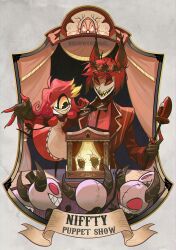 Rule 34 | 1boy, 1girl, alastor (hazbin hotel), antlers, cyclops, deer antlers, deer boy, demon boy, evil grin, evil smile, formal clothes, grin, hazbin hotel, highres, horns, monocle, niffty (hazbin hotel), one-eyed, red hair, red suit, smile, suit, wraith615