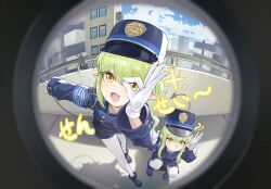 2girls absurdres armband blazer blue_archive boots building city cloud gloves green_hair hat highres hikari_(blue_archive) jacket jimizuai- long_hair looking_at_viewer multiple_girls nozomi_(blue_archive) open_mouth pantyhose pleated_skirt pointy_ears pov_peephole shako_cap shorts sidelocks skirt sky squatting standing tail white_gloves white_pantyhose yellow_eyes