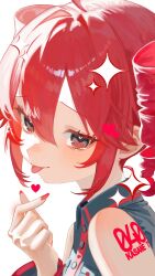 Rule 34 | 1girl, ahoge, bare shoulders, black shirt, black sleeves, buttons, collared shirt, detached sleeves, drill hair, finger heart, from side, hair between eyes, hand up, heart, heart-shaped pupils, highres, kasane teto, kasane teto (utau), looking at viewer, looking to the side, number tattoo, ravukurahuto 2d, red eyes, red hair, red tattoo, shirt, shoulder tattoo, smile, solo, symbol-shaped pupils, tattoo, tongue, tongue out, twin drills, utau, white background, wing collar