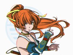 1girl arm_guards choker dead_or_alive detached_sleeves hair_ribbon highres japanese_clothes kasumi_(doa) long_hair lucidreamreborn orange_hair ponytail ribbon solo twitter_username white_background yellow_ribbon