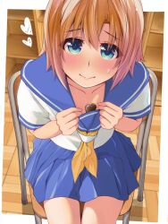 1girl blue_eyes blush candy chair chocolate chocolate_heart chuutaro_metal classroom collarbone food heart heart-shaped_food higurashi_no_naku_koro_ni looking_at_viewer on_chair ryuuguu_rena school school_uniform serafuku sitting solo sweatdrop thighs valentine