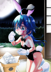 1girl ahoge animal_ears bare_shoulders black_bow black_bowtie black_leotard blue_eyes blue_hair bow bowtie commentary_request dango detached_collar eating fake_animal_ears female_focus flat_chest food from_side gloves hair_between_eyes highleg highleg_leotard highres huge_moon kneeling leotard loli long_hair looking_ahead makafushigi moon night original playboy_bunny rabbit_ears rabbit_tail sanbou shouji sliding_doors solo strapless strapless_leotard tail tareme tatami traditional_bowtie tsukimi_dango veranda wagashi white_gloves