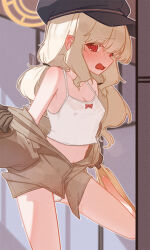 1girl akakun aoba_(blue_archive) bare_legs bare_shoulders black_hat blonde_hair blue_archive blush bow_camisole breasts brown_shirt newsboy_cap camisole fluffy_hair from_side grey_shirt hair_between_eyes hair_ornament hairclip halo hat highres loli long_hair looking_at_viewer low_twintails open_clothes open_mouth orange_halo red_eyes shirt shy sidelocks solo_focus sweat tank_top twintails underwear white_camisole white_tank_top yellow_halo