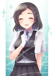 Rule 34 | black hair, black skirt, black vest, blue background, blue ribbon, closed eyes, collared shirt, commentary request, commission, dress shirt, gloves, gradient background, highres, holding, holding ribbon, kantai collection, kuroshio (kancolle), kuroshio kai ni (kancolle), nagi kantai114, neck ribbon, open mouth, pleated skirt, ribbon, school uniform, shirt, short hair, skeb commission, skirt, smile, sparkle, vest, white gloves, white ribbon, white shirt