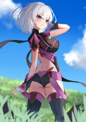 1girl absurdres ass black_shorts black_thighhighs blue_eyes blush breasts closed_mouth cloud cosplay ember_amane fingerless_gloves gloves grass grey_gloves highres large_breasts phase_connect pyra_(xenoblade) pyra_(xenoblade)_(cosplay) scarf_(50464982) second-party_source short_hair short_shorts shorts sky smile solo thighhighs virtual_youtuber