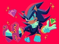 1boy animal_ears animal_nose black_fur body_fur chaos_emerald clenched_teeth commentary english_commentary full_body furry furry_male gloves green_fur green_gloves green_shoes hedgehog highres looking_at_viewer male_focus nolvini red_eyes red_shoes shadow_the_hedgehog shoes solo sonic_(series) sparkle tail teeth