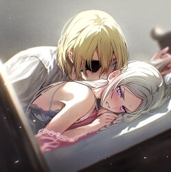 1boy 1girl blonde_hair blue_eyes blush camisole commentary_request dimitri_alexandre_blaiddyd dimitri_alexandre_blaiddyd_(timeskip) edelgard_von_hresvelg edelgard_von_hresvelg_(timeskip) eyepatch fire_emblem fire_emblem:_three_houses grey_camisole hetero highres long_hair lying nintendo on_bed on_stomach parted_lips purple_eyes shirt smelling smelling_hair soma_otakuu white_hair white_shirt