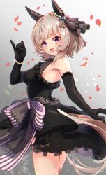 1girl animal_ears bare_shoulders black_dress black_gloves bow bracelet breasts brown_hair cowboy_shot curren_chan_(sakutsuki_ma_cherie)_(umamusume) curren_chan_(umamusume) dress dress_bow ear_covers elbow_gloves from_side glint gloves highres horse_ears horse_girl horse_tail jewelry looking_at_viewer looking_to_the_side medium_breasts meyamu open_mouth petals pinky_out purple_eyes short_hair sleeveless sleeveless_dress smile solo tail umamusume wedding_dress