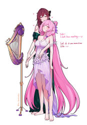 2girls :3 absurdly_long_hair absurdres barefoot blush braid breasts brown_hair cleavage closed_eyes commentary dress dyadyadya eden_(honkai_impact) elysia_(honkai_impact) english_commentary english_text green_dress hair_rings harp heart highres honkai_(series) honkai_impact_3rd instrument long_hair multiple_girls pink_hair pointy_ears side_braid single_hair_ring strapless strapless_dress twitter_username very_long_hair white_dress