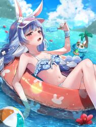 1girl afloat animal_ears ball bare_shoulders beachball bikini blue_bikini blue_hair blue_nails blue_sky blush braid breasts cloud collarbone day food frilled_bikini frills highres hololive ice_cream innertube long_hair looking_at_viewer multicolored_hair navel open_mouth outdoors partially_submerged pecco_(pecchn478) rabbit_ears rabbit_girl sky small_breasts solo stomach swim_ring swimsuit thick_eyebrows twin_braids twintails two-tone_hair usada_pekora virtual_youtuber visor_cap water wet wrist_cuffs