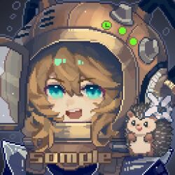 Rule 34 | 1girl, :d, ballin, blue eyes, brown hair, diving helmet, hedgehog, helmet, highres, looking at viewer, official alternate costume, open mouth, pixel art, pixel text, portrait, reverse:1999, sample watermark, smile, solo, spathodea (onwards to victory) (reverse:1999), spathodea (reverse:1999), teeth, upper teeth only, watermark