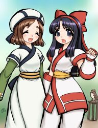 2girls ainu_clothes artist_name breasts closed_eyes fingerless_gloves gloves hair_ribbon happy highres legs long_hair looking_at_viewer mamahaha manari multiple_girls nakoruru nakoruru_ano_hito_kara_no_okurimono open_mouth pants poporoyama purple_eyes purple_hair ribbon samurai_spirits short_hair small_breasts smile snk solo thighs tongue weapon