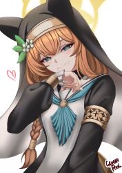 1girl absurdres animal_ear_headwear animal_ears artist_name black_veil blue_archive blue_eyes blue_neckerchief blush braid caiman_pool cat_ears cat_girl closed_mouth coif commentary dress ears_under_headwear fake_animal_ears flower gold_armlet halo hat hat_flower head_tilt heart heart-shaped_pupils highres long_hair long_sleeves looking_at_viewer mari_(blue_archive) naughty_face neckerchief nun orange_hair puffy_long_sleeves puffy_sleeves sailor_collar sailor_dress single_braid smile solo stray_pubic_hair symbol-shaped_pupils veil white_dress white_sailor_collar yellow_halo