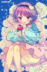 Rule 34 | 1girl, amo (shibu3), black hairband, bloomers, blue background, blue shirt, blush, buttons, feet out of frame, floral background, flower, hair ornament, hairband, heart, heart button, heart hair ornament, highres, knees, komeiji satori, long sleeves, open mouth, own hands together, pink skirt, purple eyes, purple hair, rose, shirt, short hair, skirt, solo, third eye, touhou, underwear